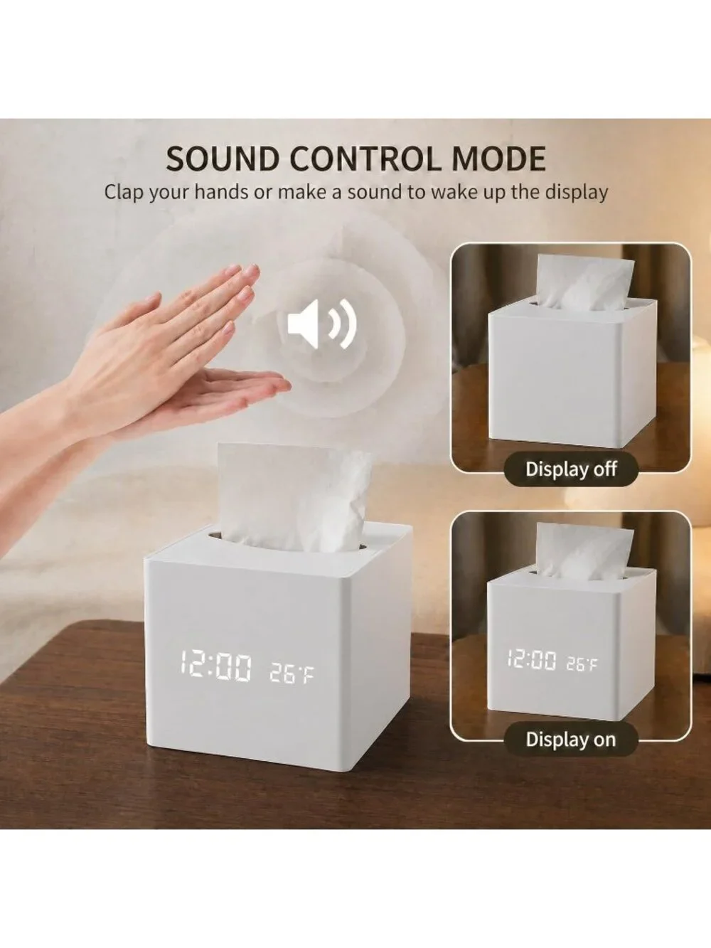 Home White Digital Cordless Alarm Temperature Display Wooden Tissue Box Clock